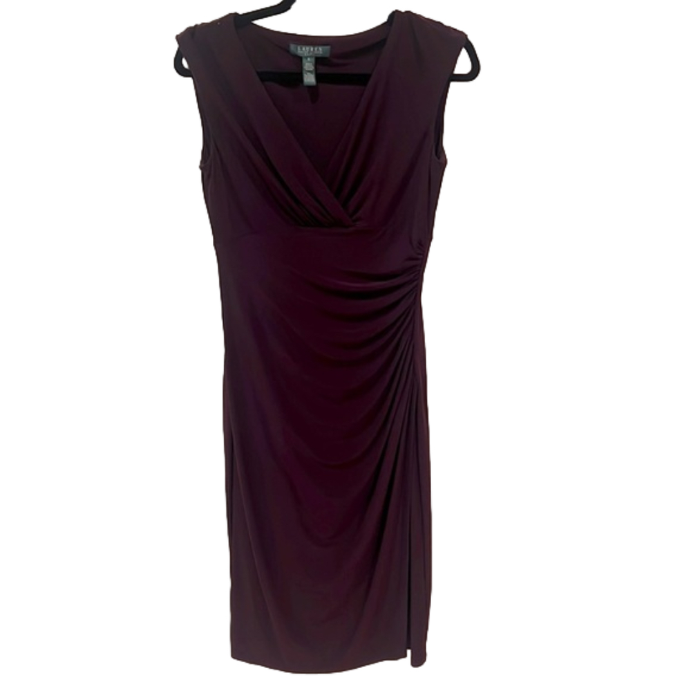 Lauren Ralph Lauren Womens Sheath Dress Ruched Waist Surplice Neck Purple Size 4
